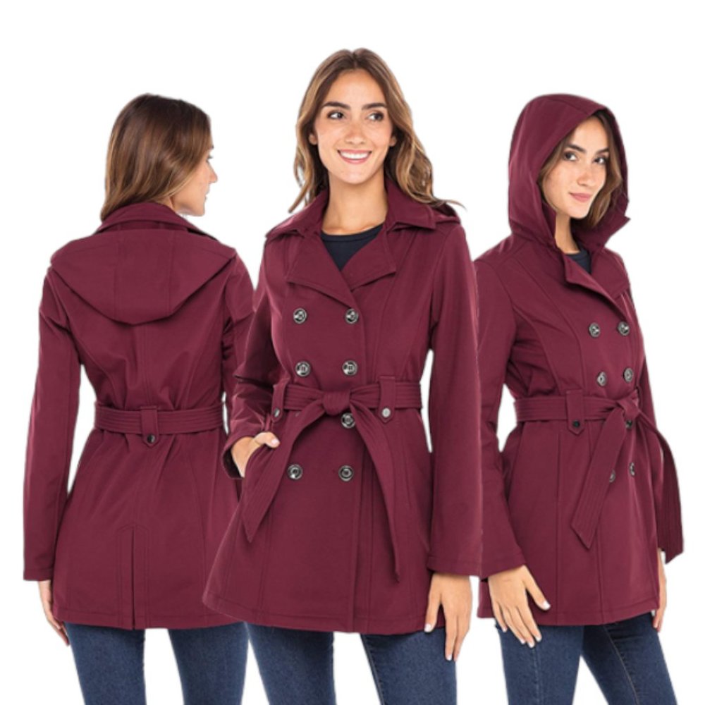 NWT DOUBLE BREASTED HOODED SOFT SHELL JACKET (XL / BURGUNDY)